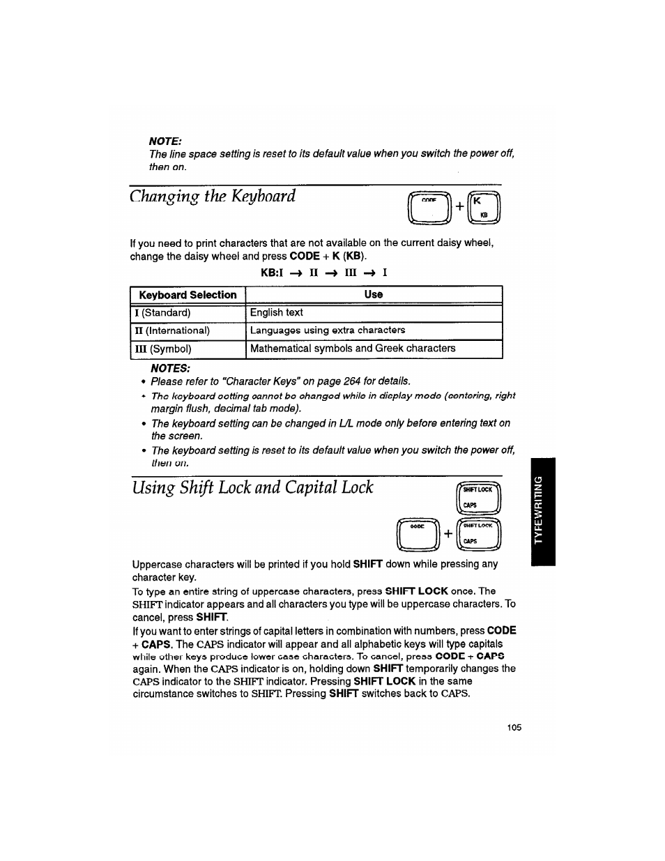 Note, Changing the keyboard, Notes | Using shift lock and capital lock | Brother WP330MDS User Manual | Page 115 / 322