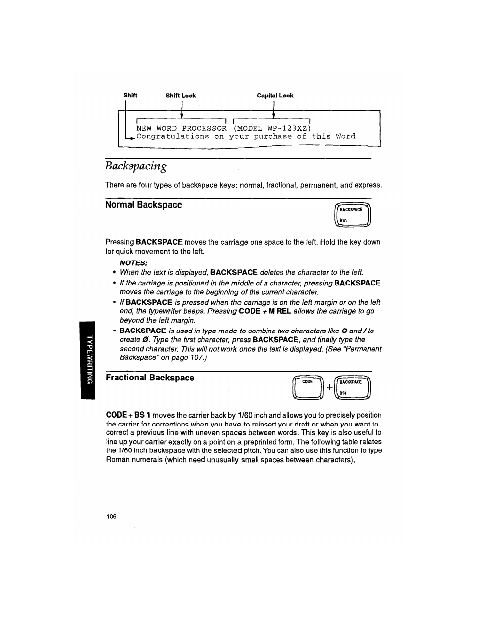 Backspacing, Normal backspace, Fractional backspace | Brother WP330MDS User Manual | Page 116 / 322