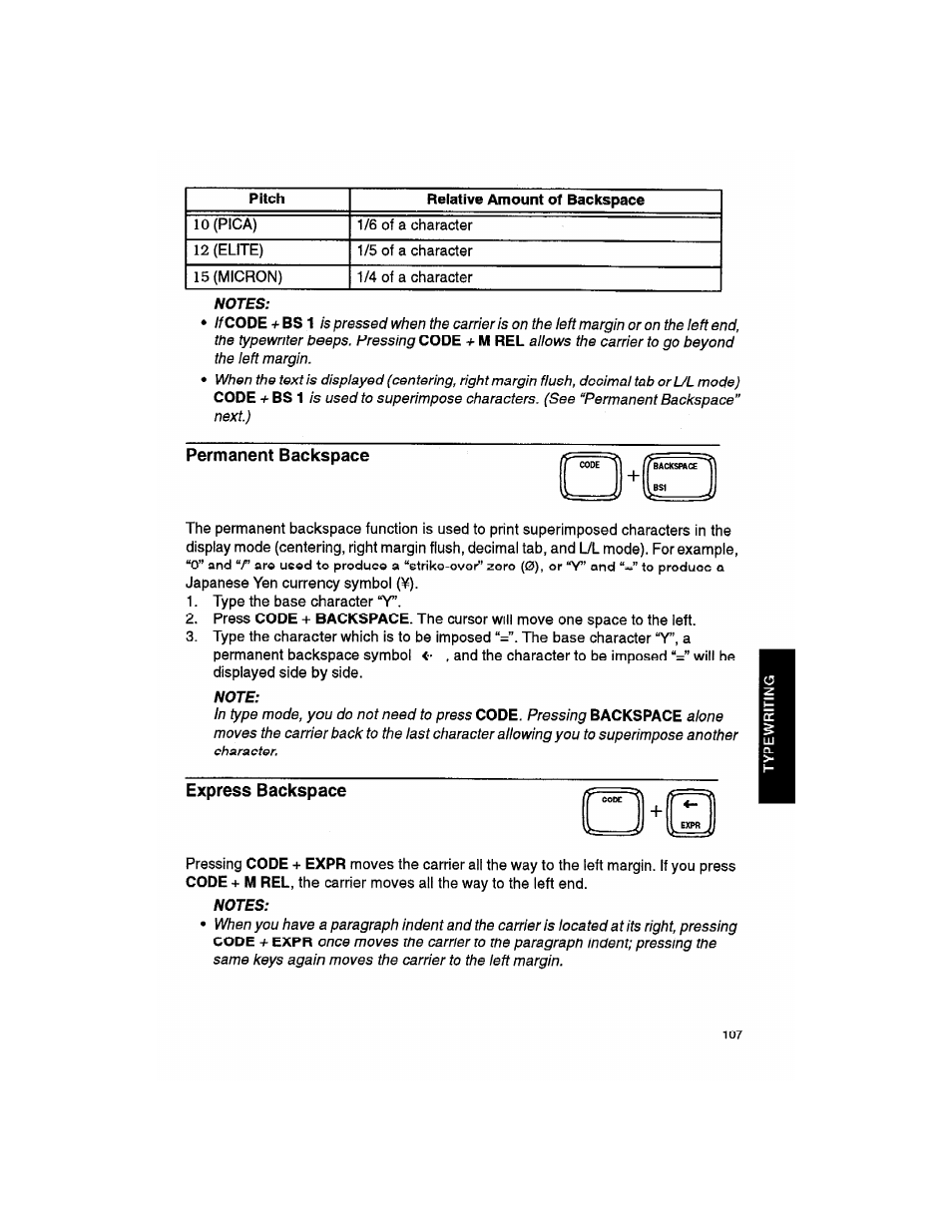 Notes, Permanent backspace, Note | Express backspace, Express baakspaoo | Brother WP330MDS User Manual | Page 117 / 322