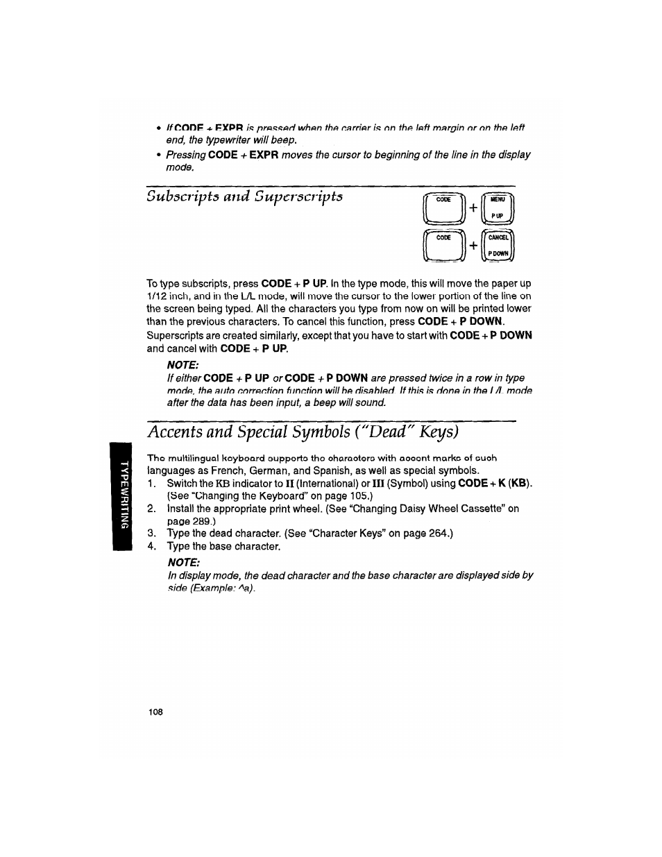 Subscripts and superscripts, Accents and special symbols ("dead" keys), Accents and special symbols (“dead” keys) | Brother WP330MDS User Manual | Page 118 / 322