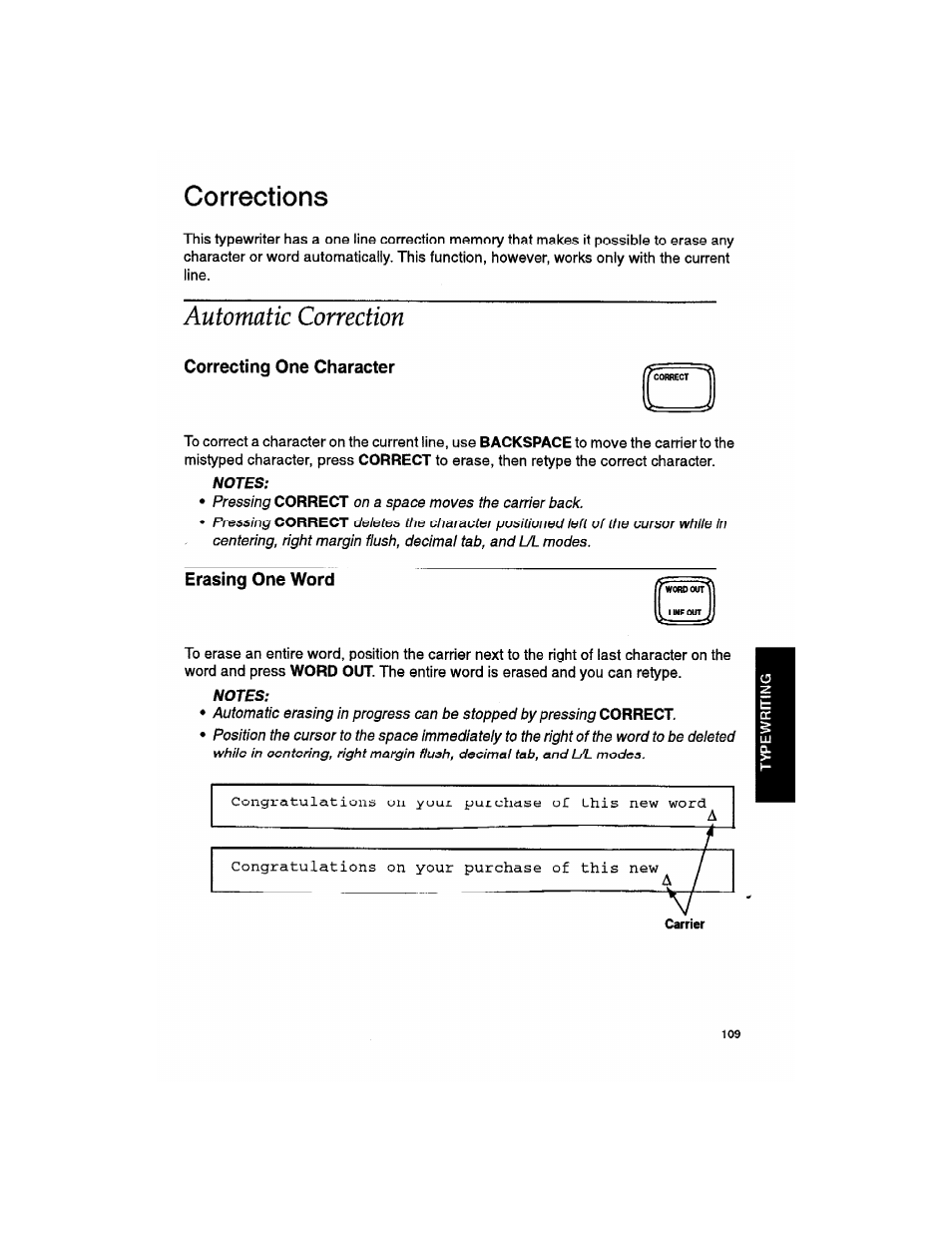 Corrections, Automatic correction, Correcting one character | Notes, Erasing one word, Automatic return | Brother WP330MDS User Manual | Page 119 / 322