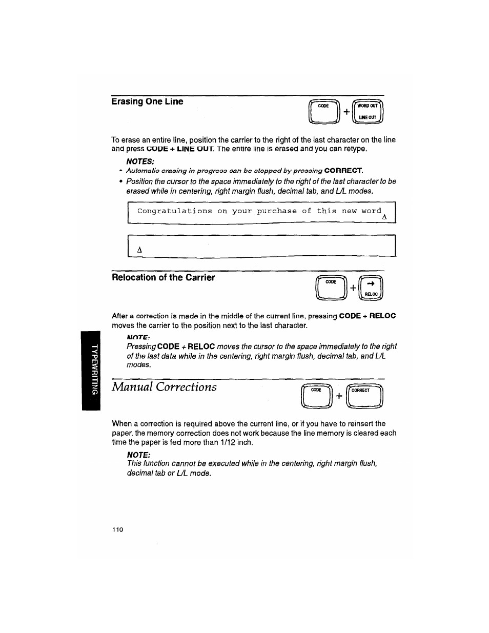 Erasing one line, Notes, Relocation of the carrier | Note, Manual corrections | Brother WP330MDS User Manual | Page 120 / 322