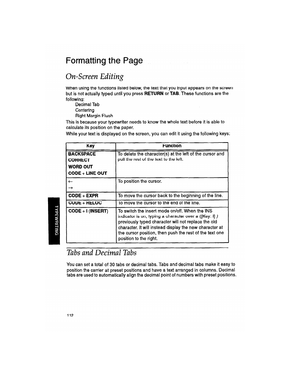 On-screen editing, Tabs and decimal tabs, Formatting the page | Brother WP330MDS User Manual | Page 122 / 322