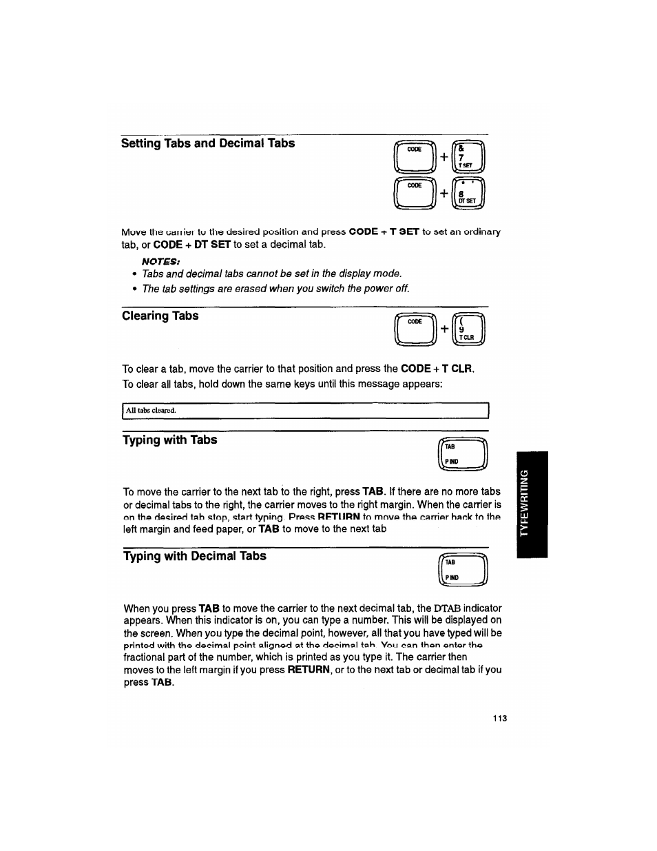 Setting tabs and decimal tabs, Clearing tabs, Typing with tabs | Typing with decimal tabs | Brother WP330MDS User Manual | Page 123 / 322