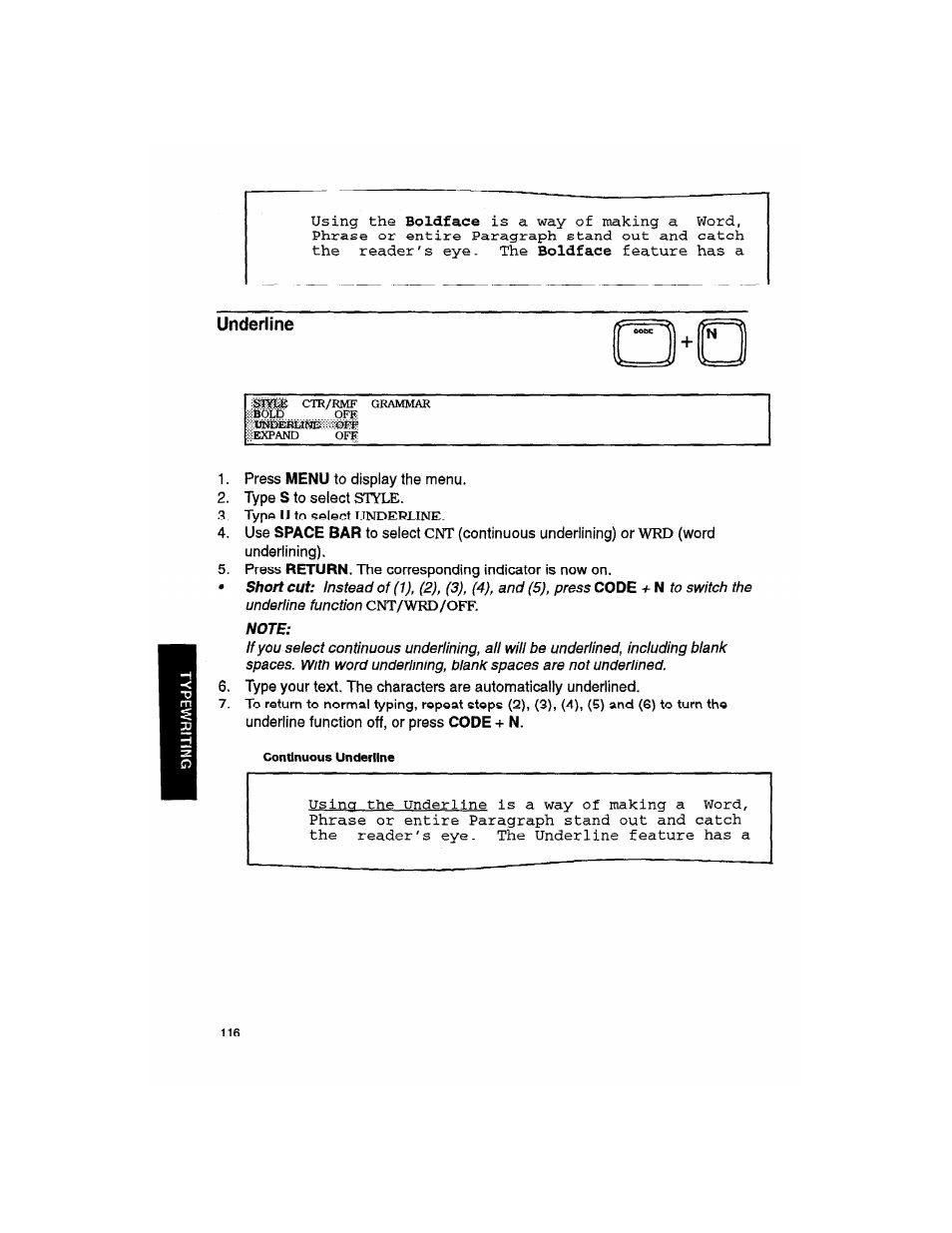 Underline, Note | Brother WP330MDS User Manual | Page 126 / 322