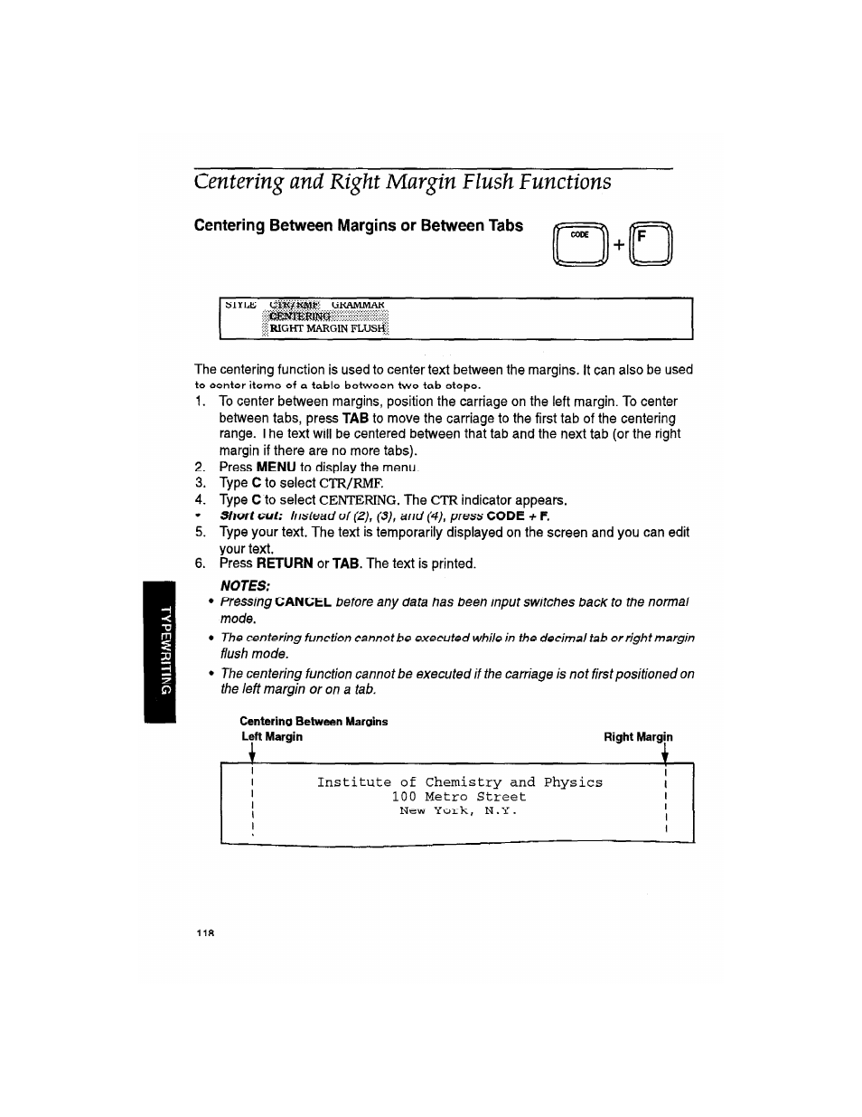 Centering and right margin flush functions, Centering between margins or between tabs, Notes | Brother WP330MDS User Manual | Page 128 / 322