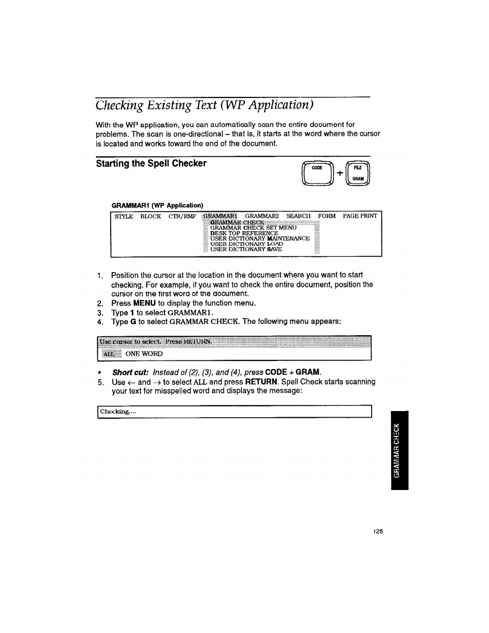 Starting the spell checker, Siartingf, Thb spell checker | Checking existing text (wp application) | Brother WP330MDS User Manual | Page 135 / 322