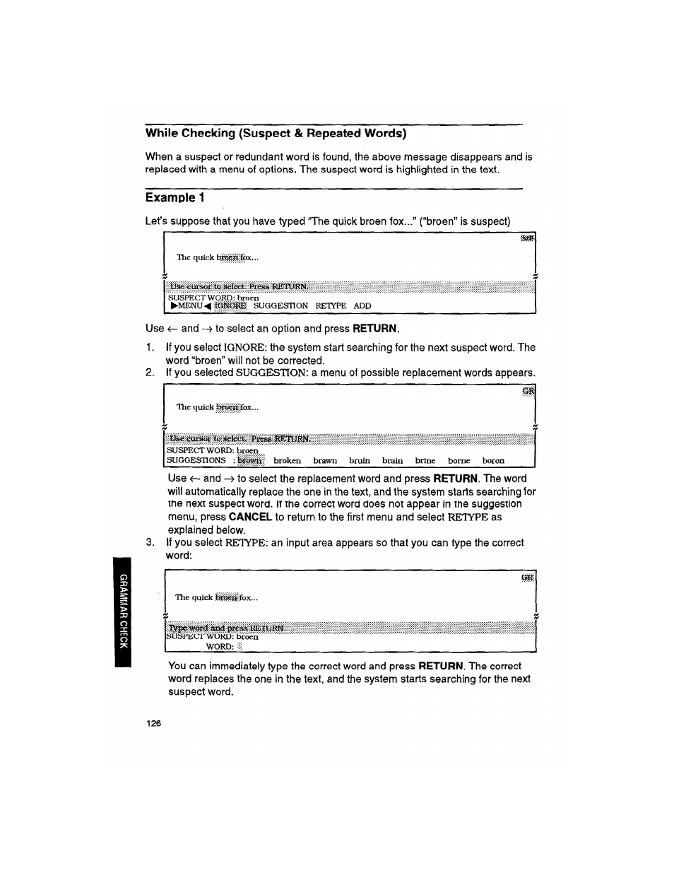 While checking (suspect & repeated words), Example 1 | Brother WP330MDS User Manual | Page 136 / 322