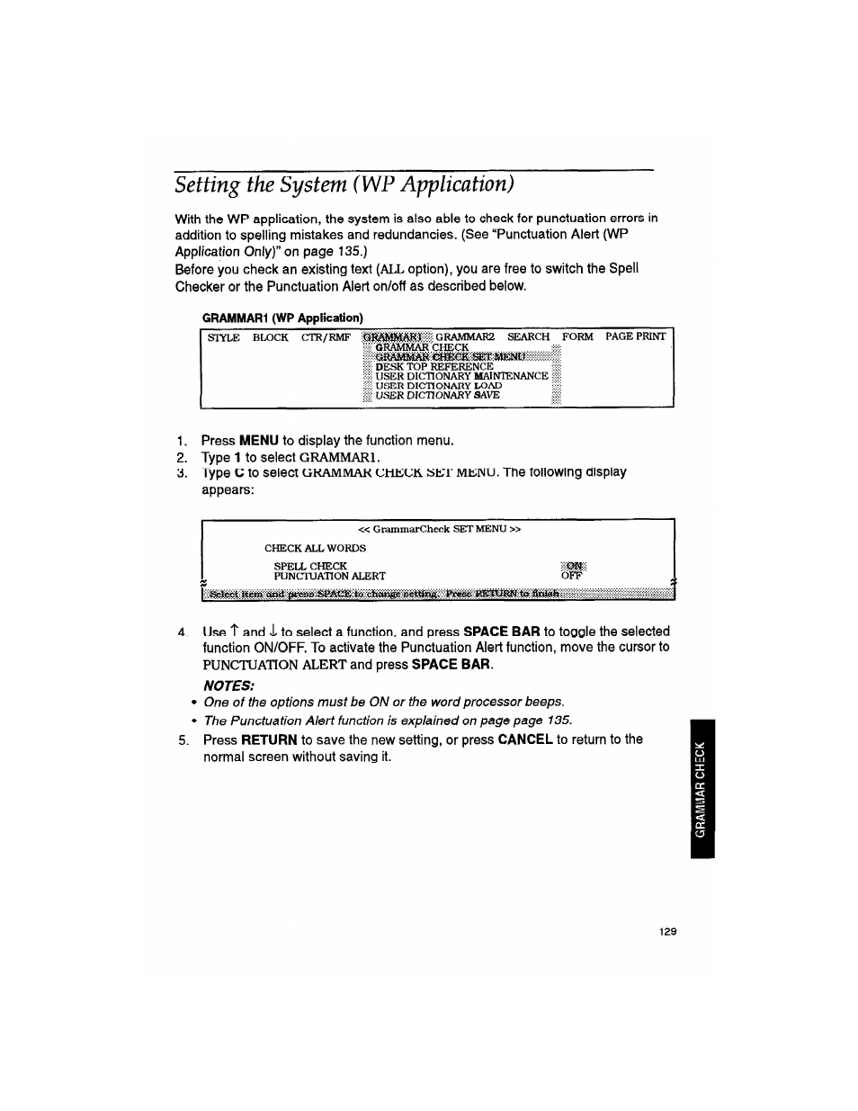 Notes, Setting the system (wp application) | Brother WP330MDS User Manual | Page 139 / 322