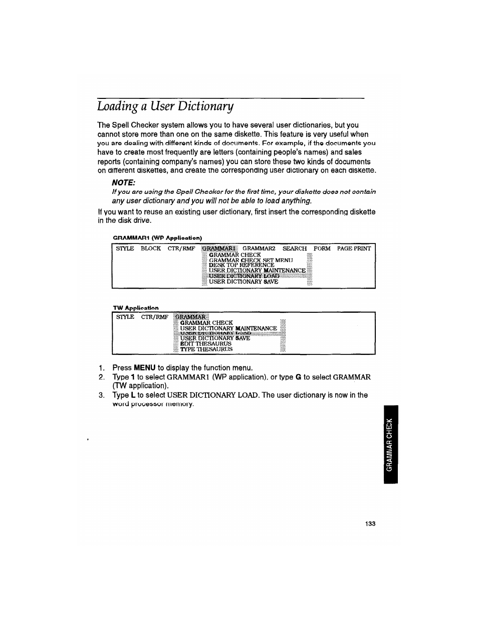 Note, Loading a user dictionary | Brother WP330MDS User Manual | Page 143 / 322