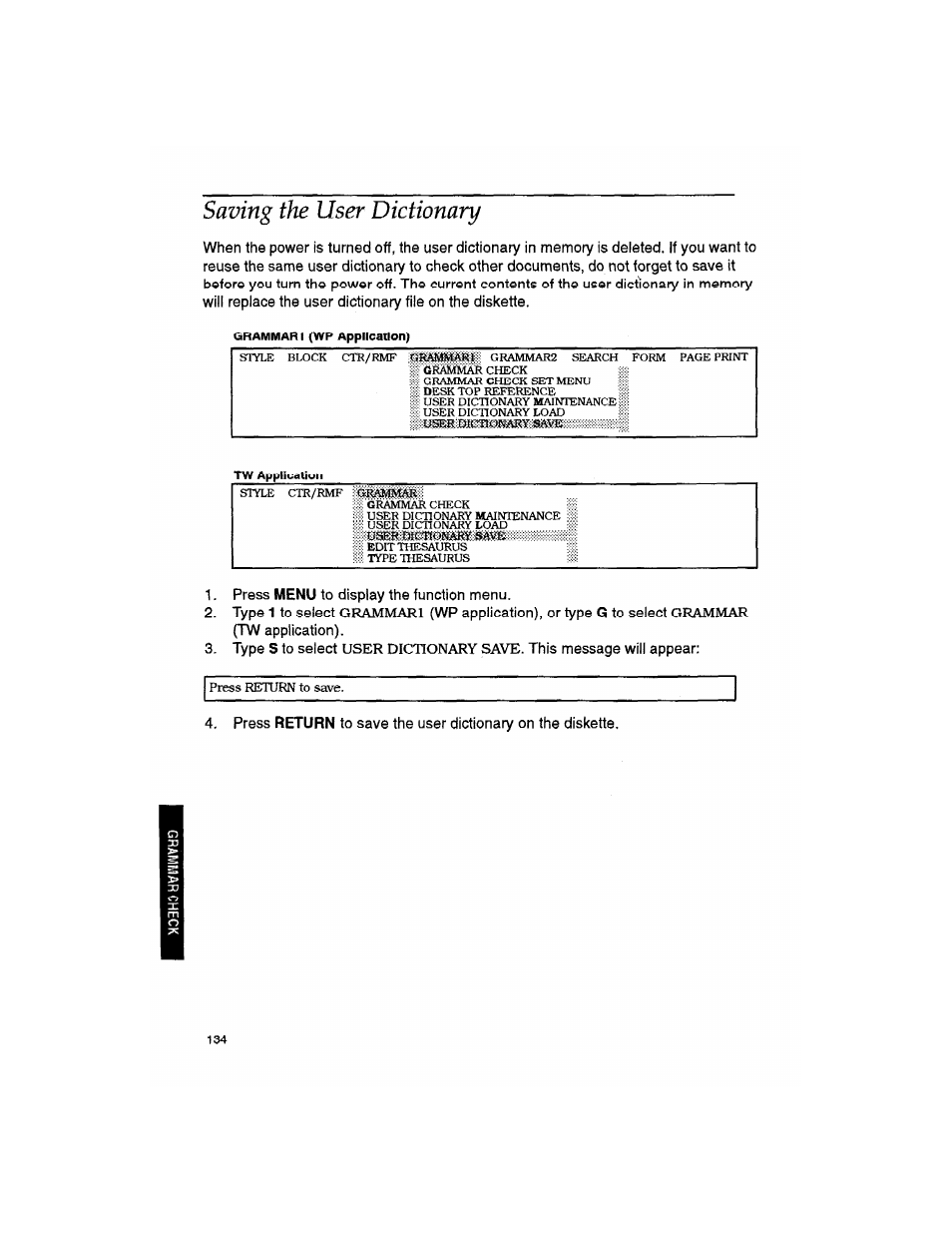 Saving the user dictionary | Brother WP330MDS User Manual | Page 144 / 322