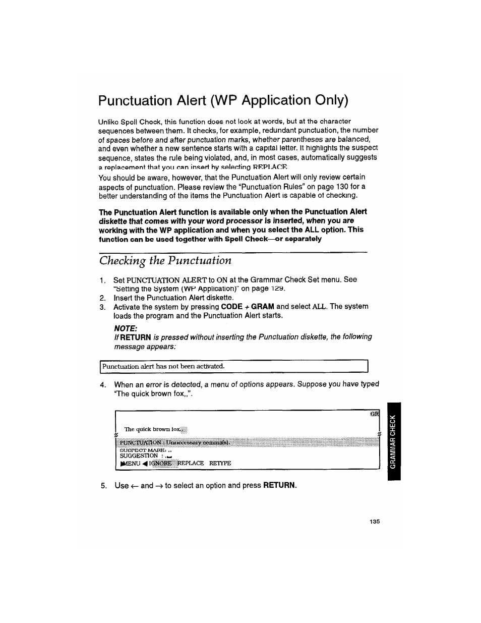 Punctuation alert (wp application only), Checking the punctuation, Note | Brother WP330MDS User Manual | Page 145 / 322