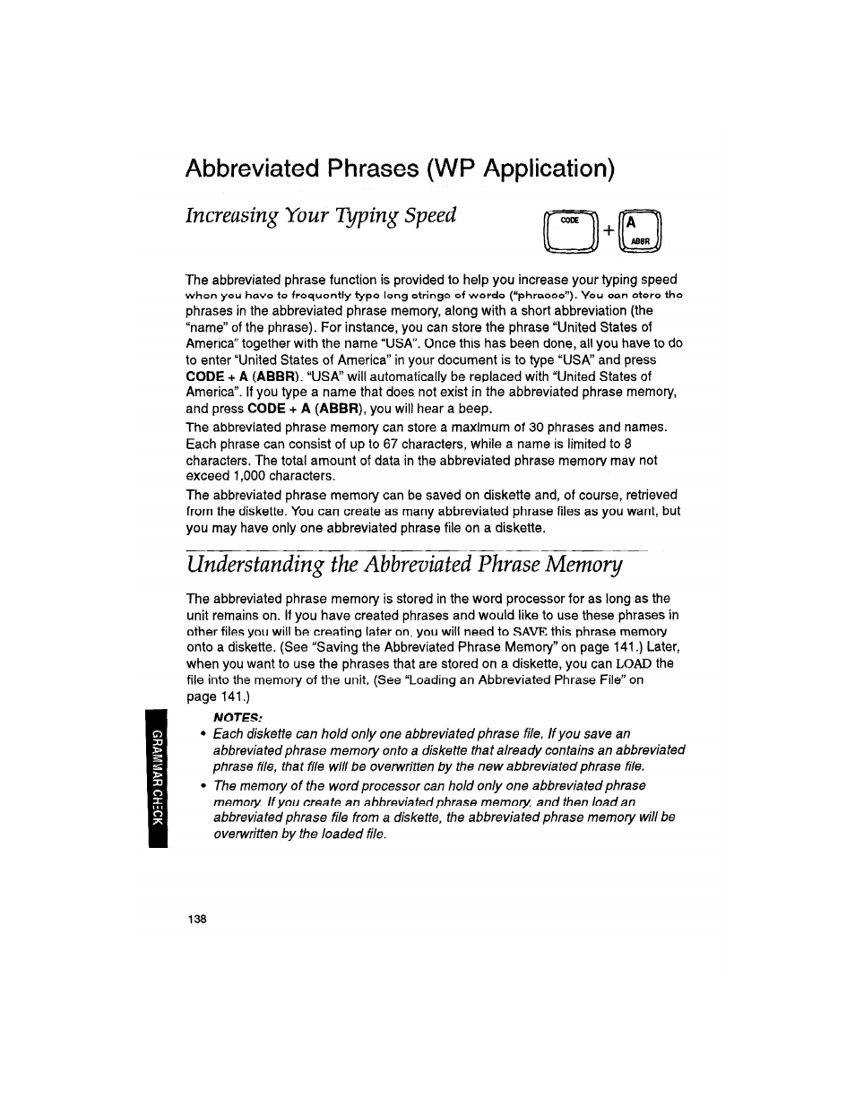 Abbreviated phrases (wp application), Increasing your typing speed, Understanding the abbreviated phrase memory | Brother WP330MDS User Manual | Page 148 / 322