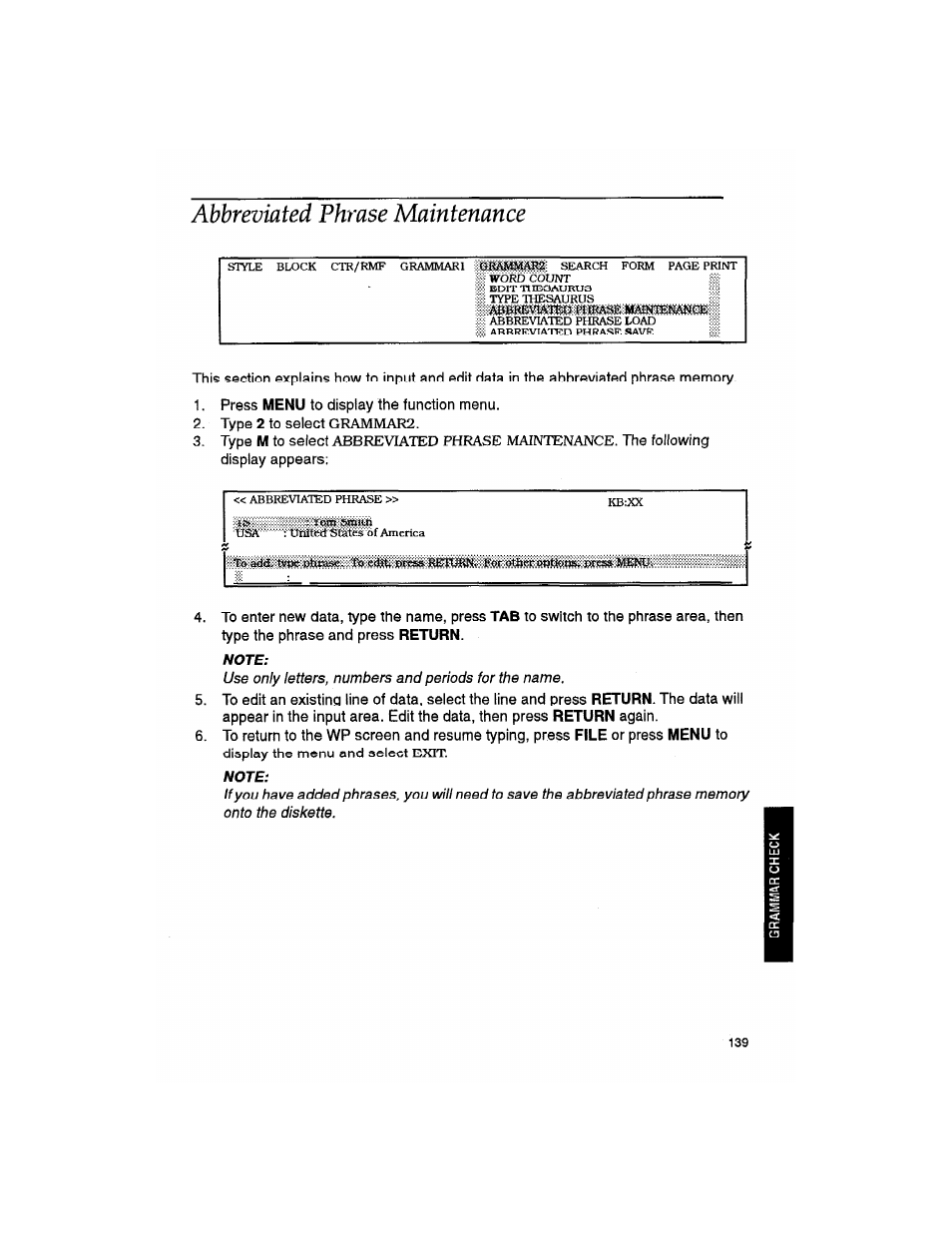 Abbreviated phrase maintenance | Brother WP330MDS User Manual | Page 149 / 322