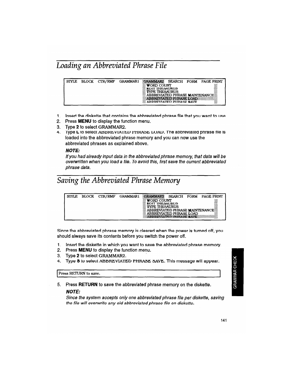 Loading an abbreviated phrase file, Note, Saving the abbreviated phrase memory | Brother WP330MDS User Manual | Page 151 / 322