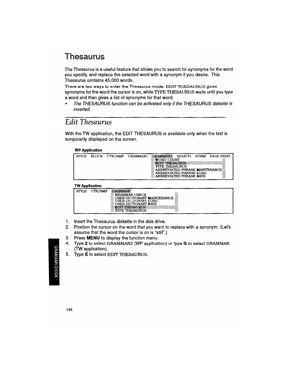 Thesaurus, Edit thesaurus | Brother WP330MDS User Manual | Page 154 / 322