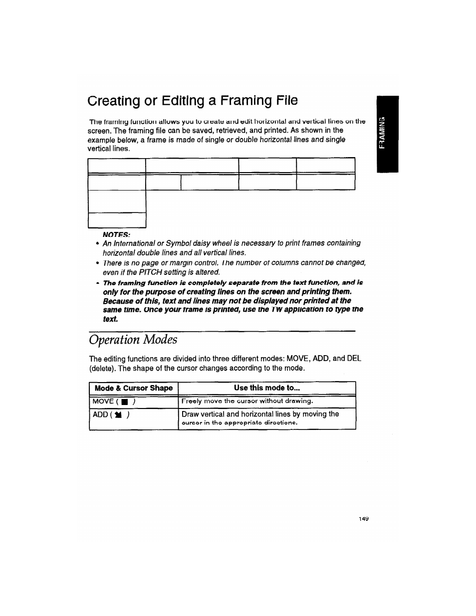 Creating or editing a framing file, Operation modes | Brother WP330MDS User Manual | Page 159 / 322