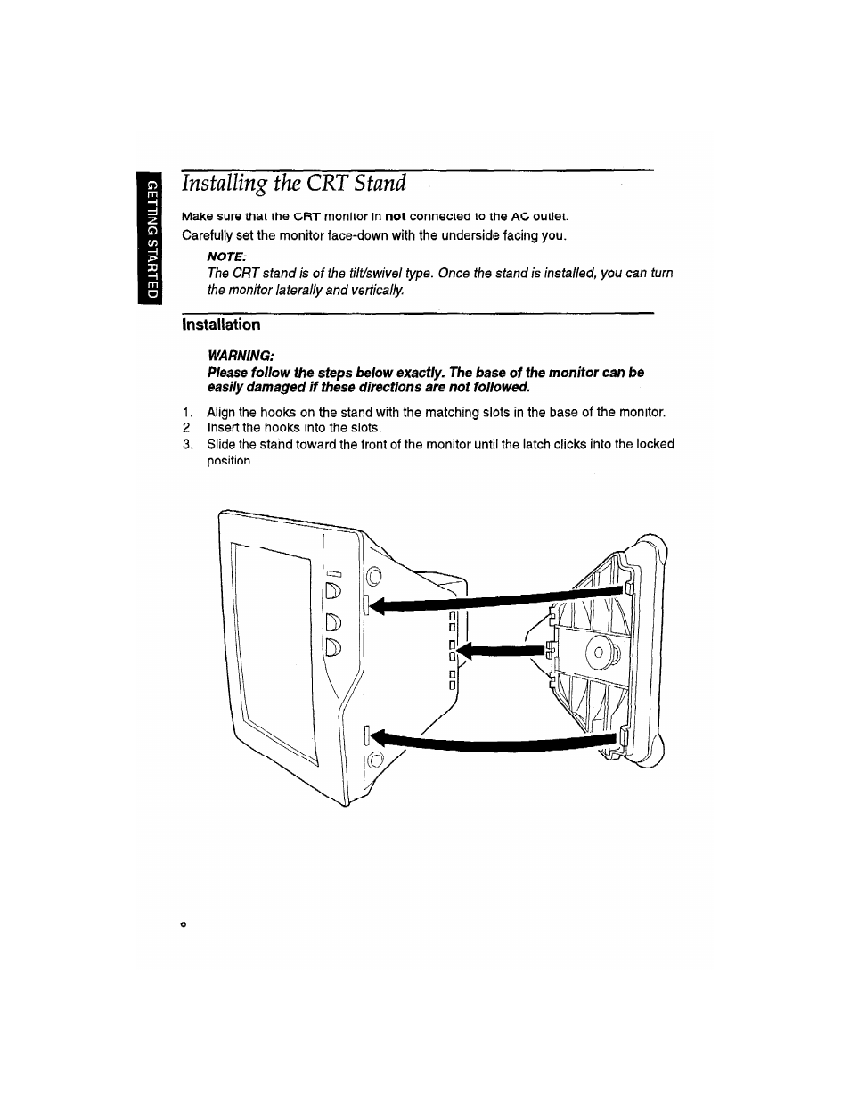 Installing the crt stand, Installation, Warning | Brother WP330MDS User Manual | Page 16 / 322