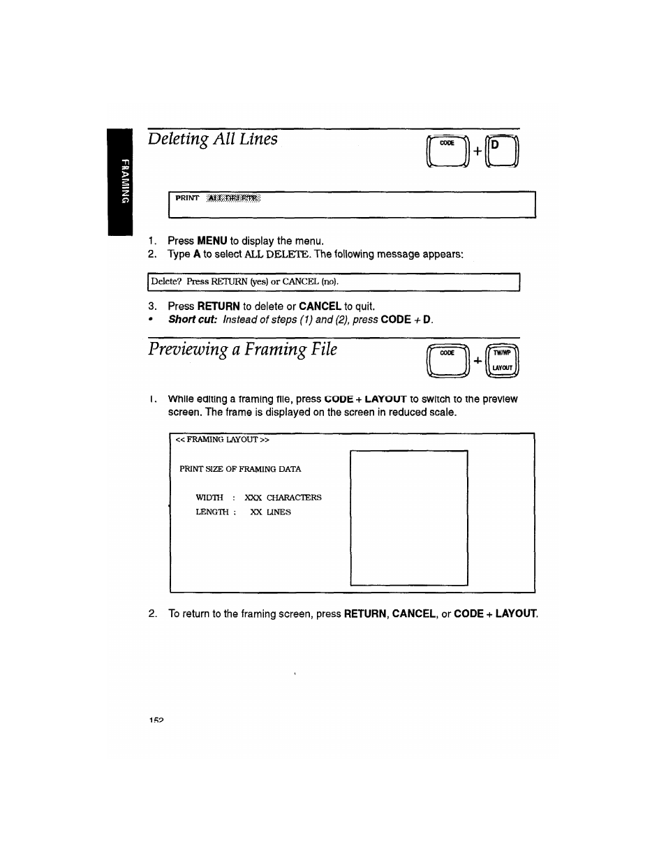 Deleting all lines, Previewing a framing file | Brother WP330MDS User Manual | Page 162 / 322