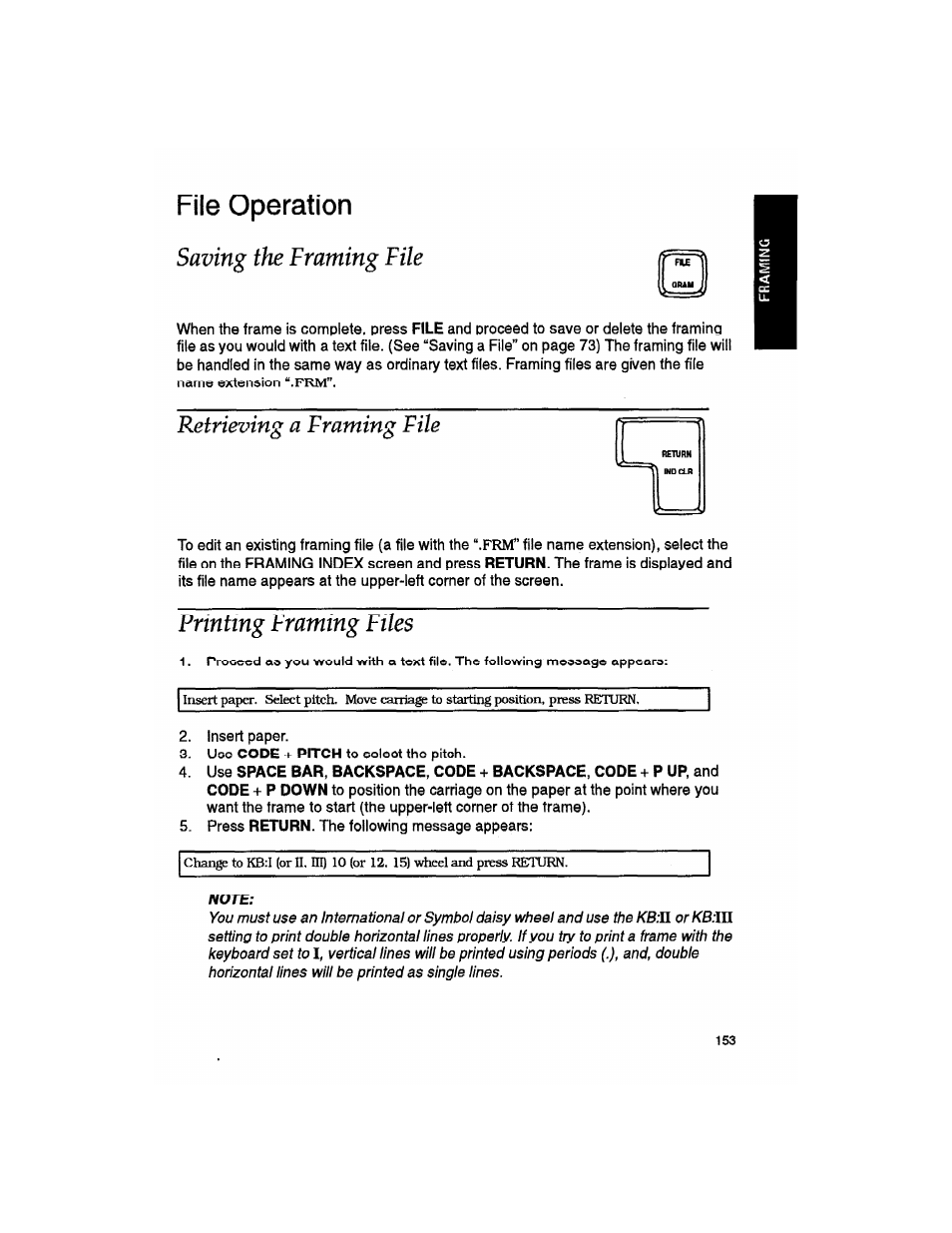 File operation, Saving the framing file, Retrieving a framing file | Printing framing files | Brother WP330MDS User Manual | Page 163 / 322