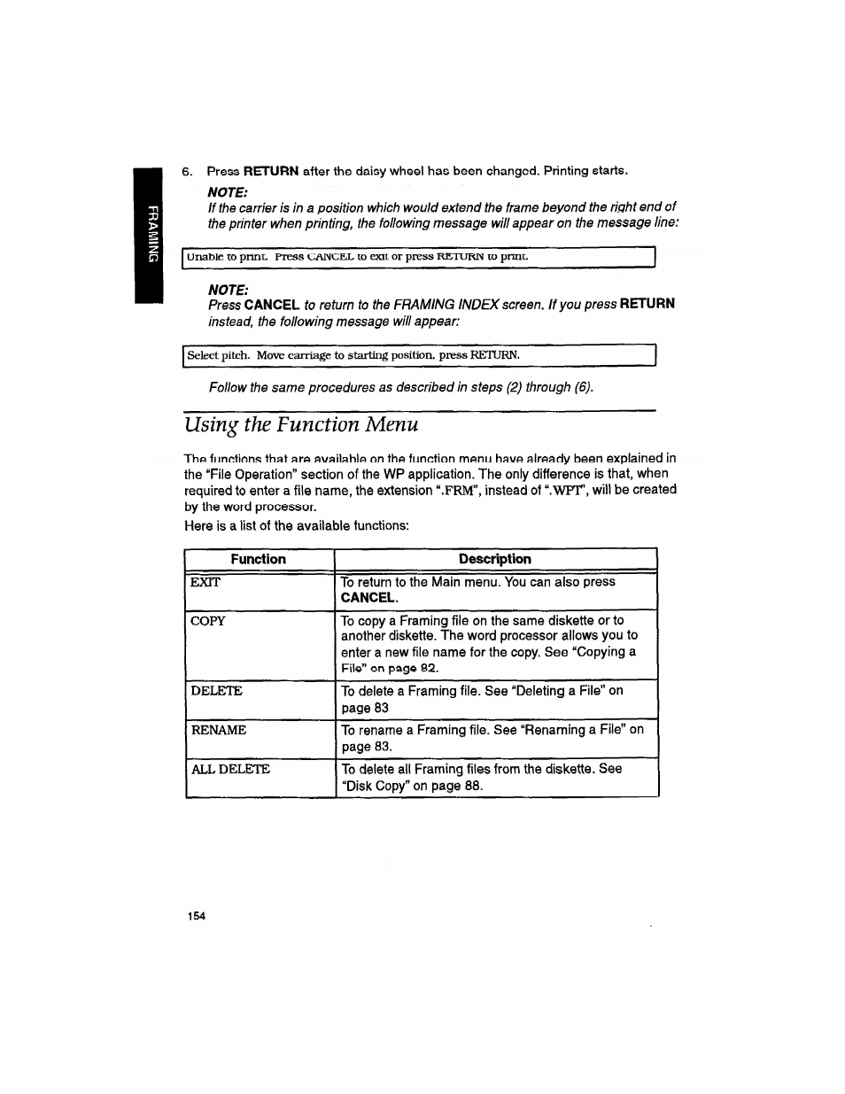 Note, Using the function menu | Brother WP330MDS User Manual | Page 164 / 322