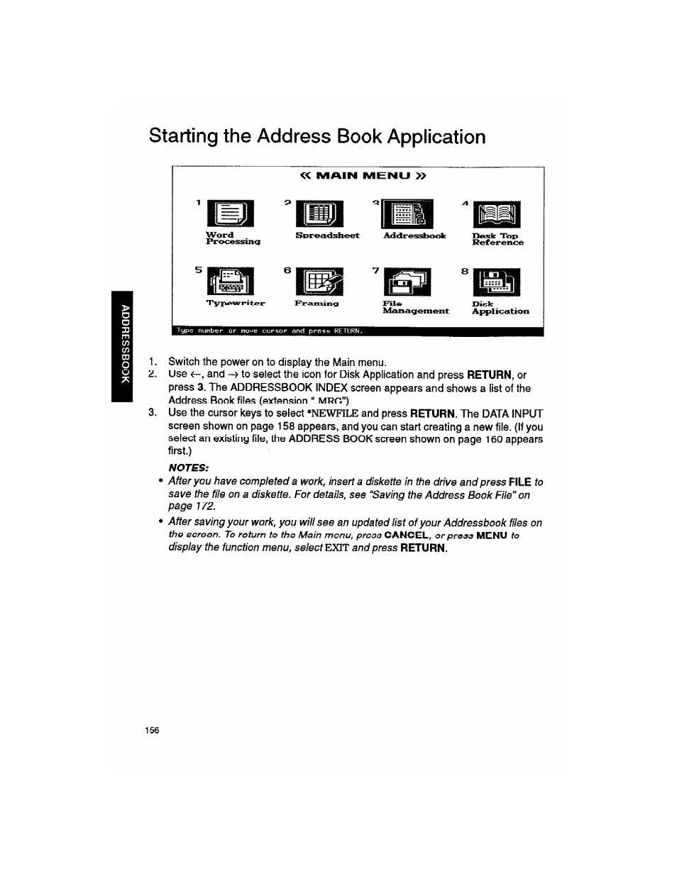 Starting the address book application, Starting the addrees book application | Brother WP330MDS User Manual | Page 166 / 322