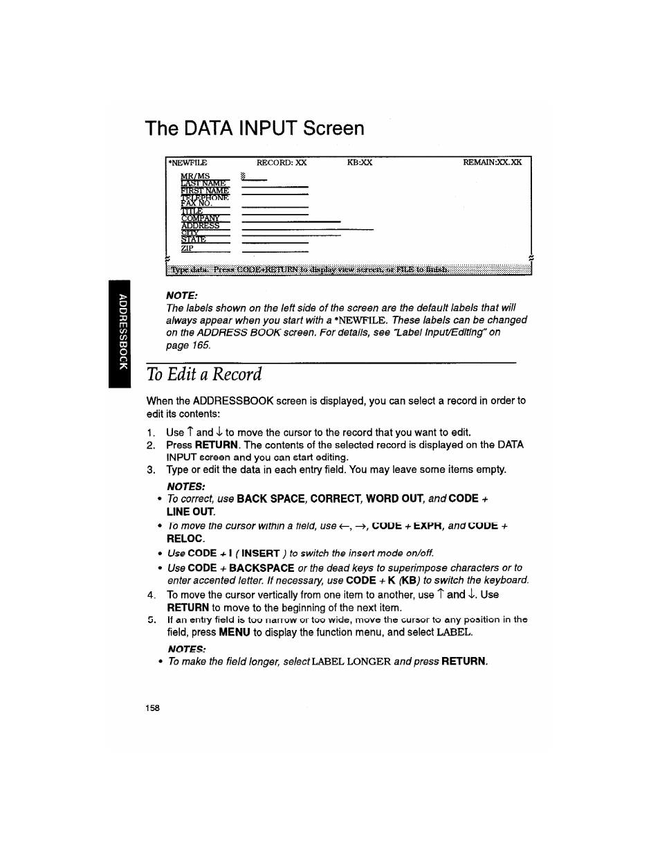 The data input screen, Note, To edit a record | Notes | Brother WP330MDS User Manual | Page 168 / 322