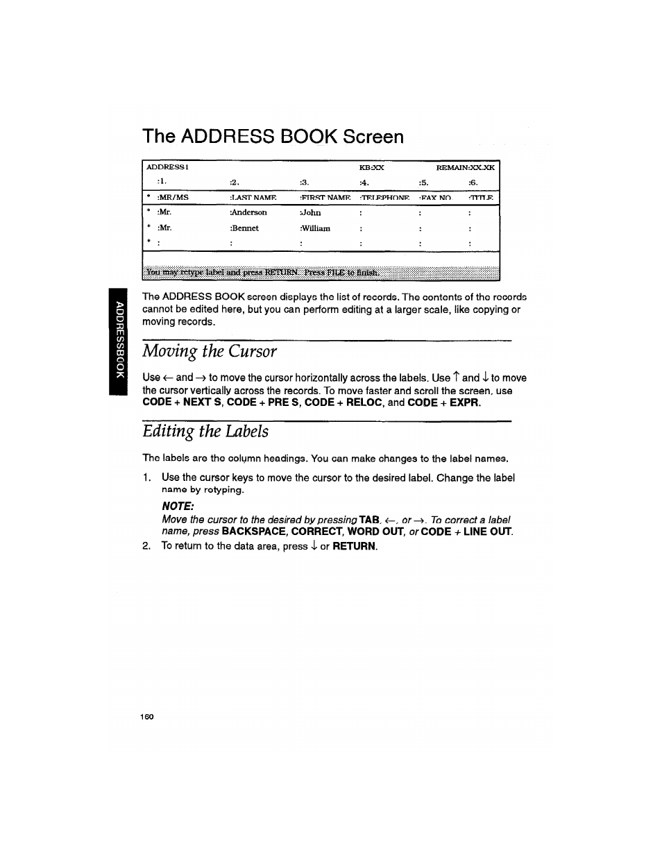 The address book screen, Moving the cursor, Editing the labels | Note, Editing tho labels | Brother WP330MDS User Manual | Page 170 / 322