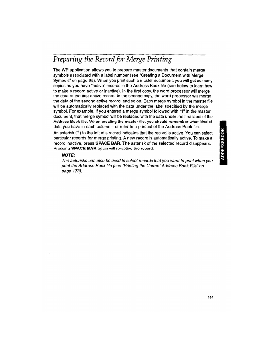 Freparing the record for merge printing, Note, Preparing the record for merge printing | Brother WP330MDS User Manual | Page 171 / 322