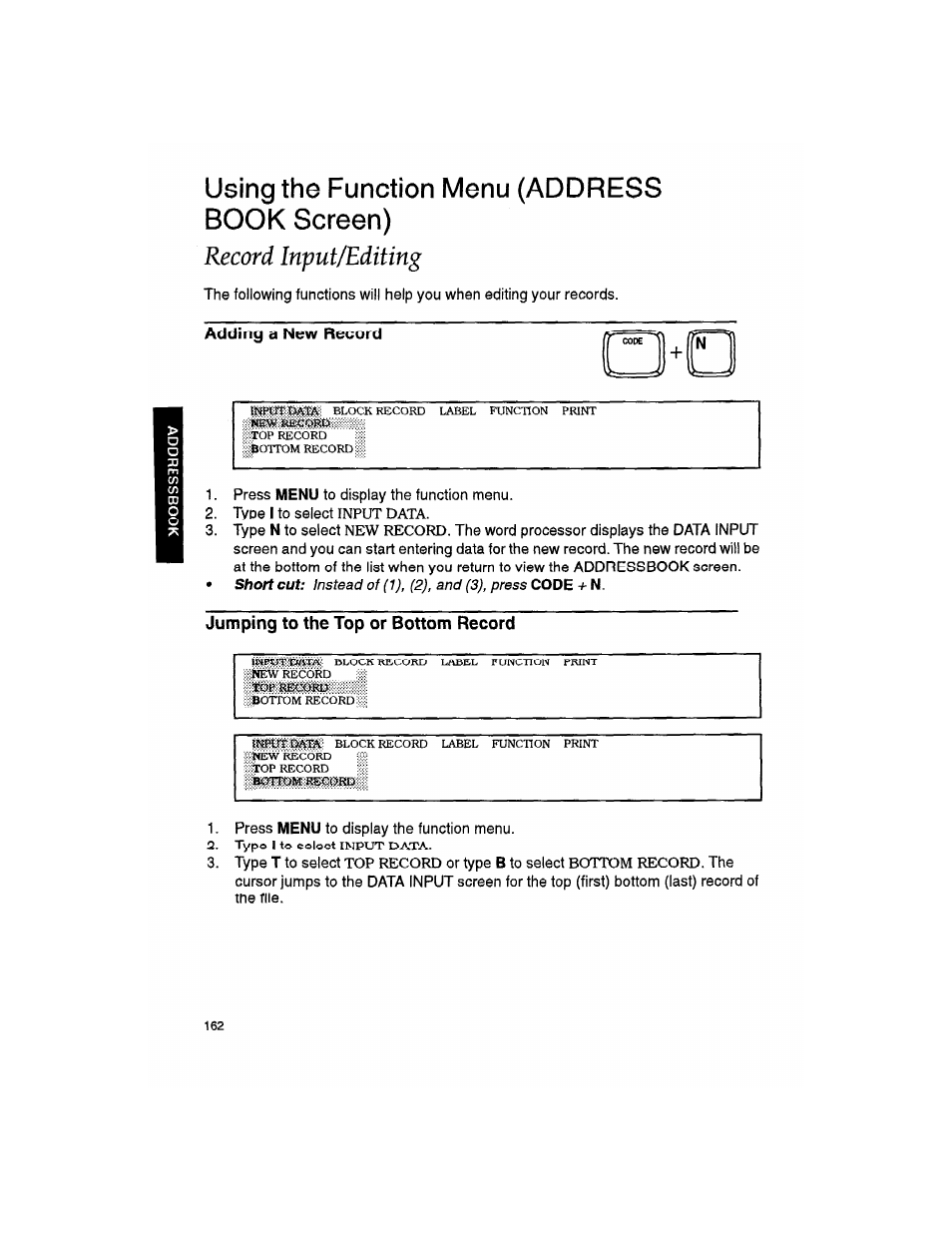 Using the function menu (address book screen), Record input/editing, Jumping to the top or bottom record | Brother WP330MDS User Manual | Page 172 / 322