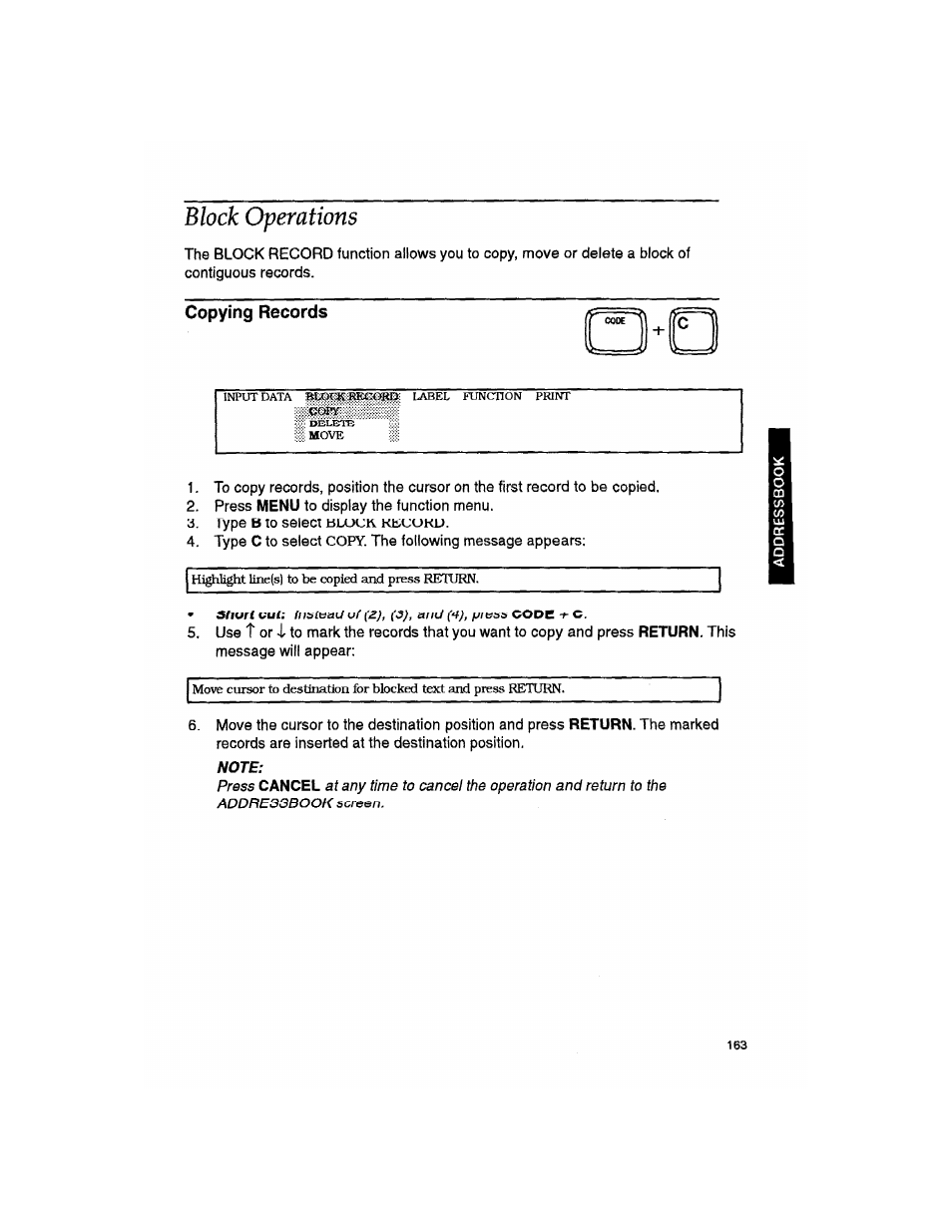 Block operations, Copying records, Note | Brother WP330MDS User Manual | Page 173 / 322