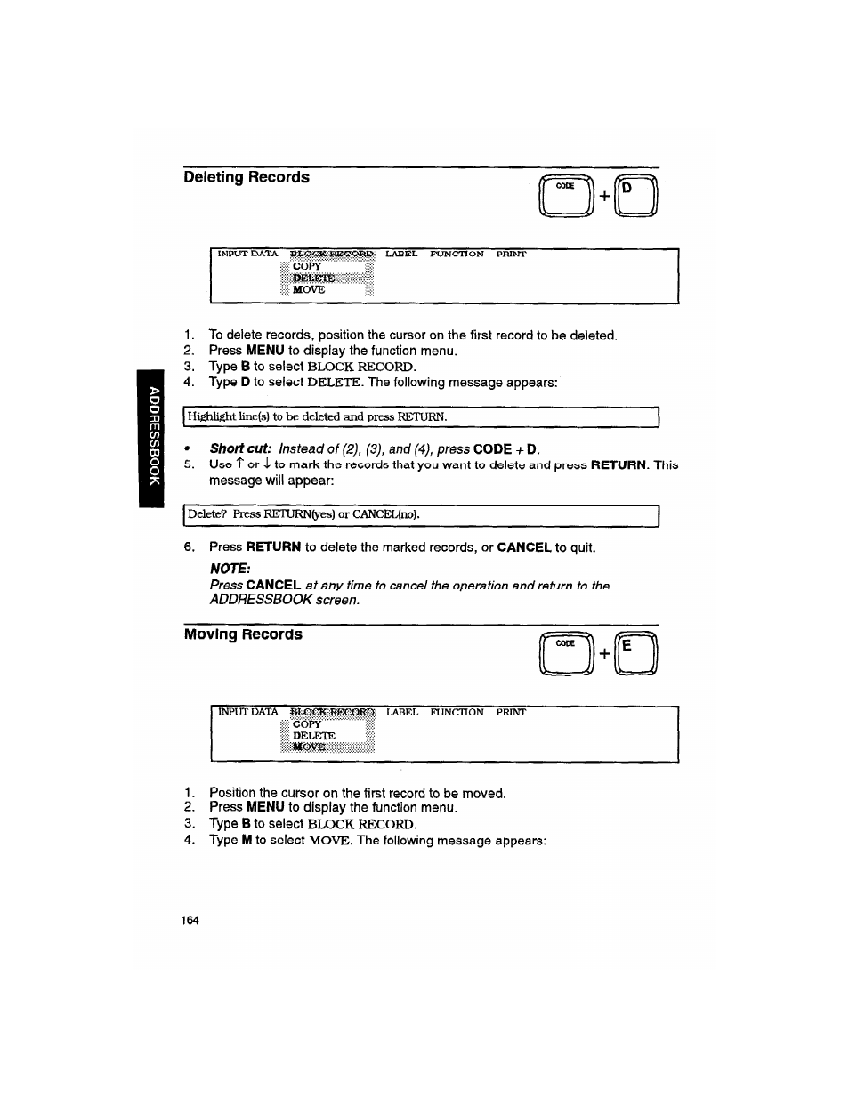 Deleting records, Moving records | Brother WP330MDS User Manual | Page 174 / 322