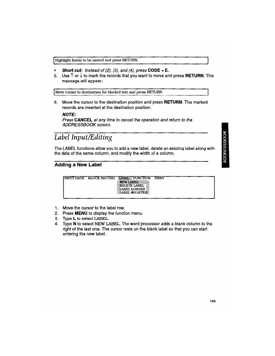 Note, Label input/editing, Adding a new label | Brother WP330MDS User Manual | Page 175 / 322