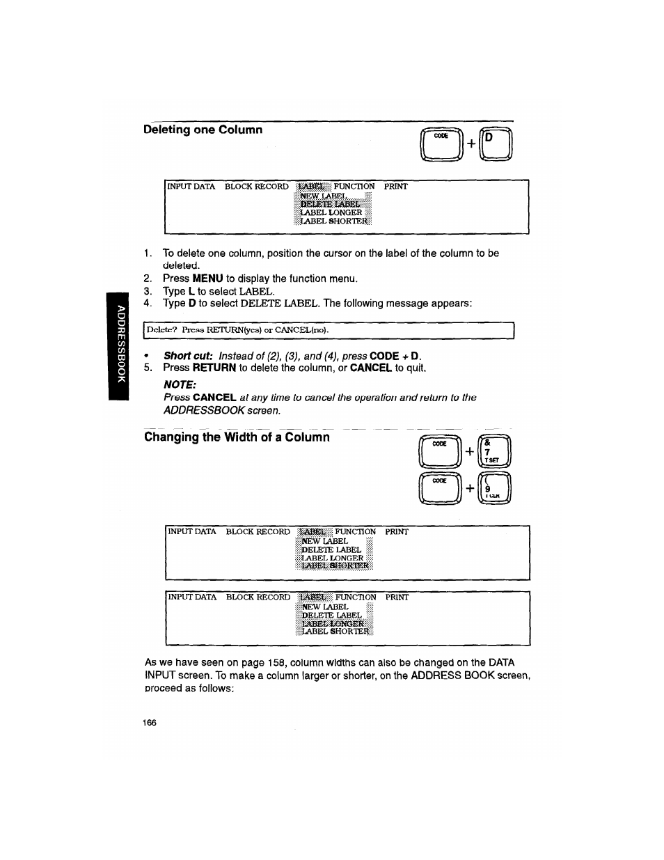 Deleting one column, Note, Changing the width of a column | Brother WP330MDS User Manual | Page 176 / 322