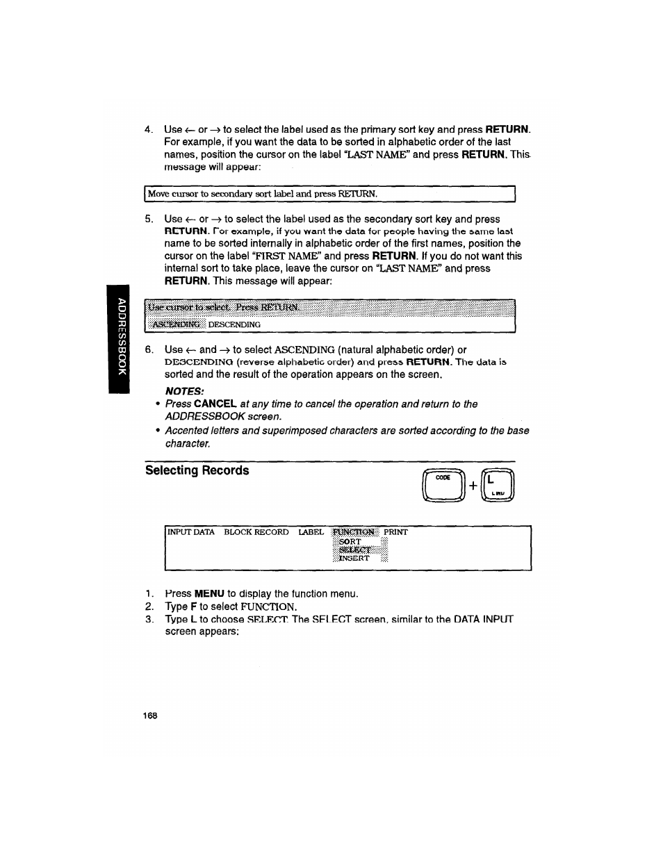 Notes, Selecting records | Brother WP330MDS User Manual | Page 178 / 322