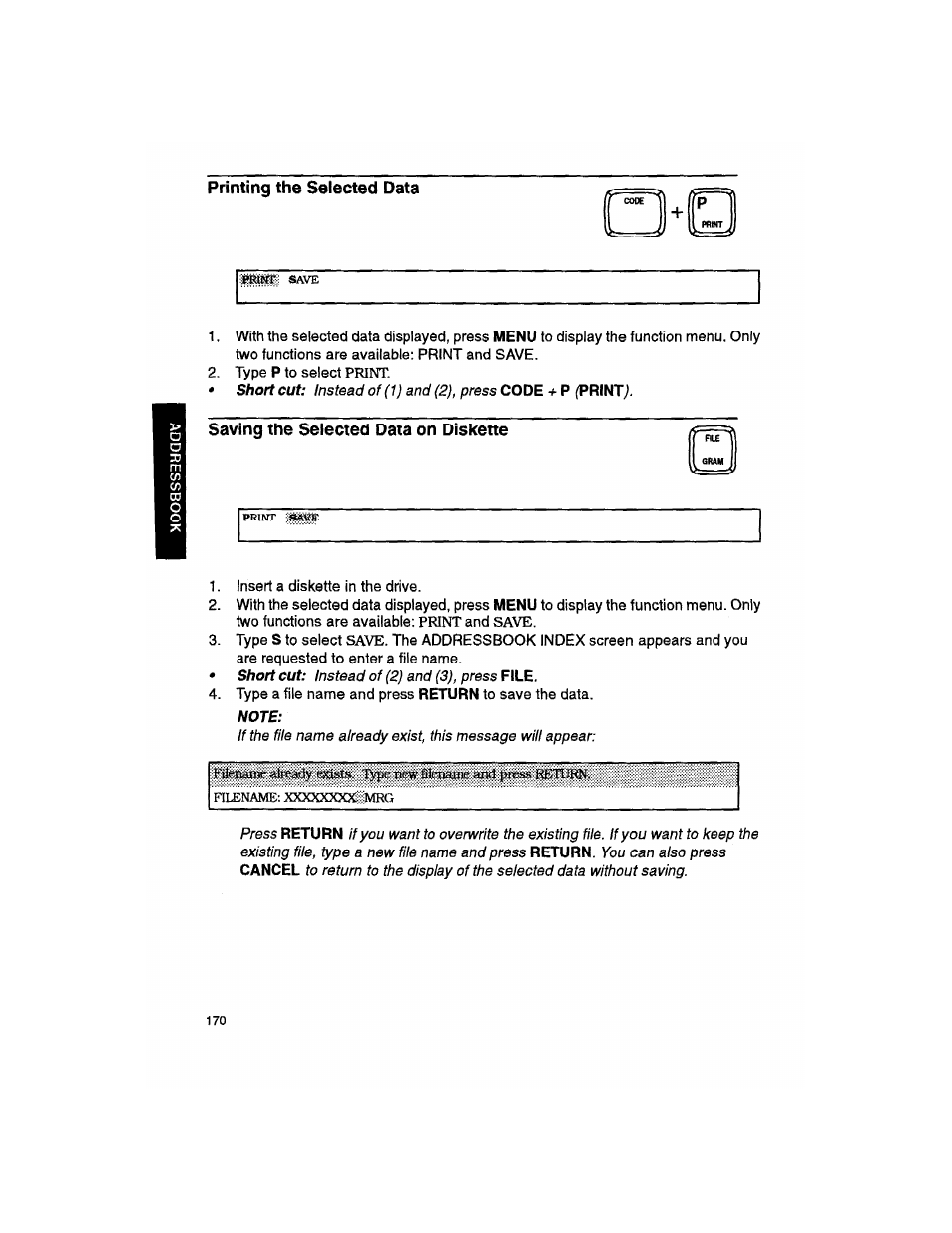 Printing the selected data, Saving the selected data on disicene, Note | Saving the selected data on diskette | Brother WP330MDS User Manual | Page 180 / 322