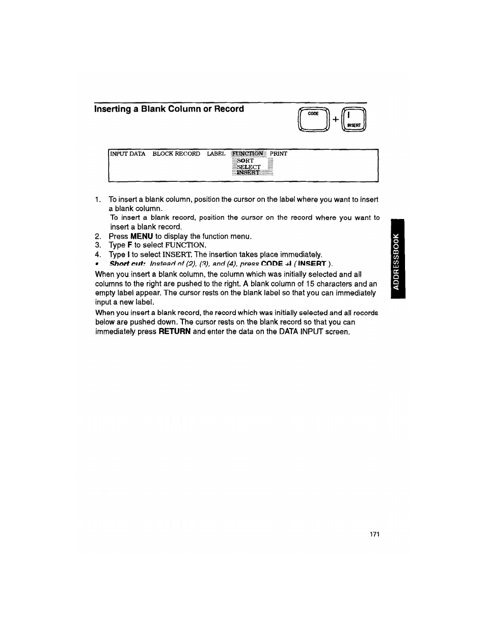 Inserting a blank column or record | Brother WP330MDS User Manual | Page 181 / 322