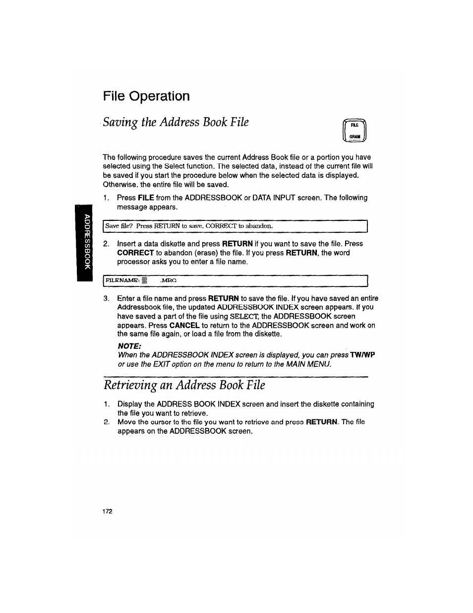 File operation, Saving the address book file, Note | Retrieving an address book file | Brother WP330MDS User Manual | Page 182 / 322