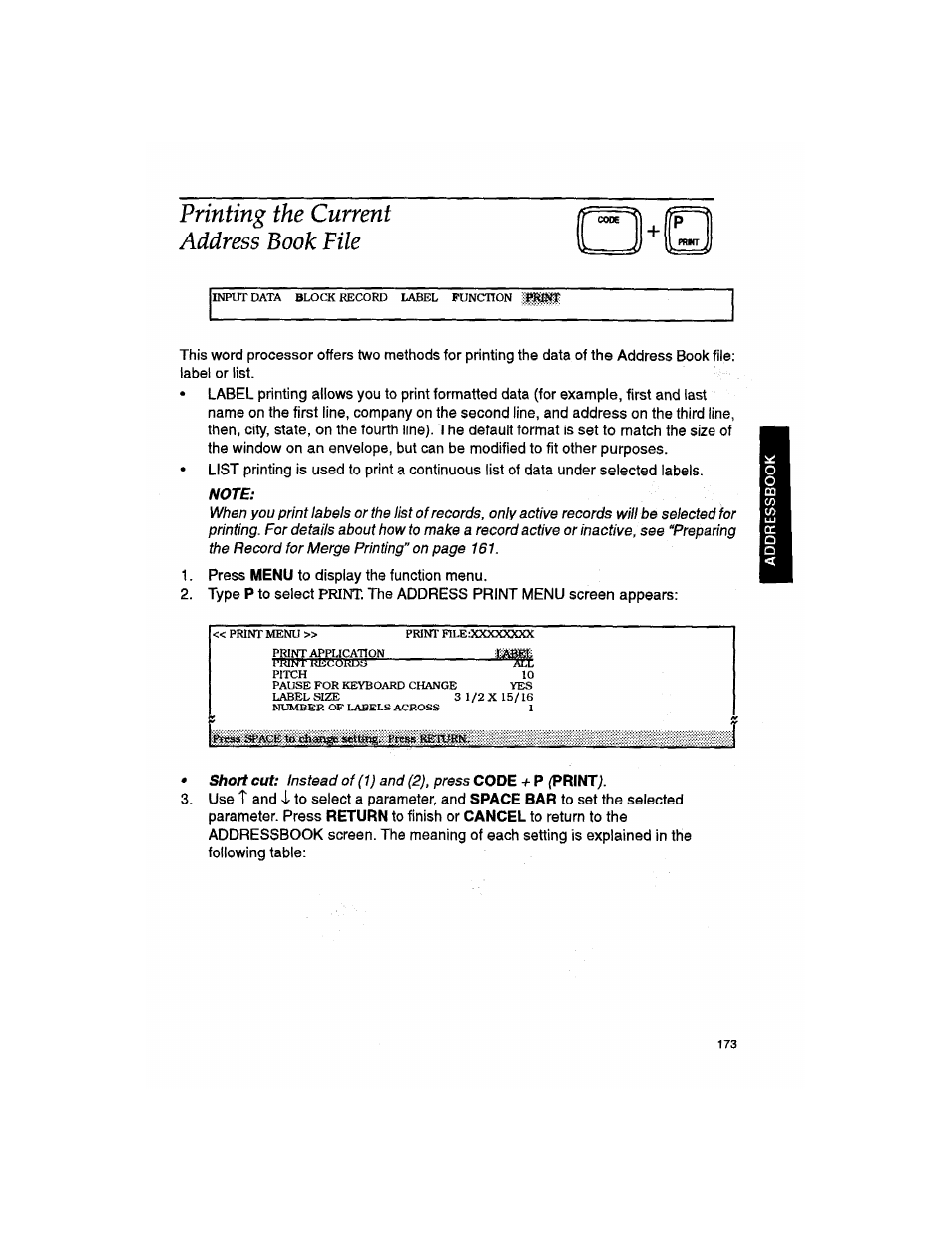 Printing the current address book file | Brother WP330MDS User Manual | Page 183 / 322