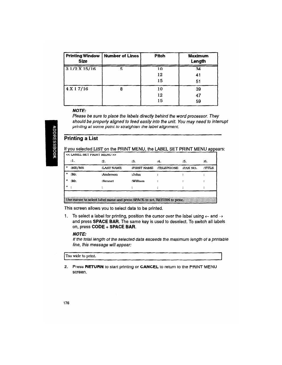 Printing a list, Printing labels | Brother WP330MDS User Manual | Page 186 / 322