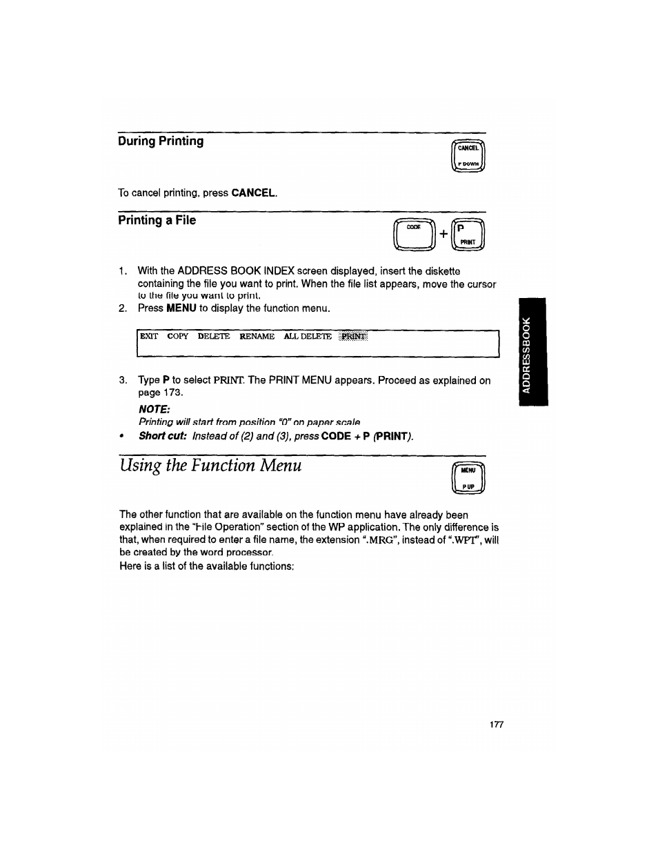 During printing, Printing a file, Note | Using the function menu, Printing a list | Brother WP330MDS User Manual | Page 187 / 322