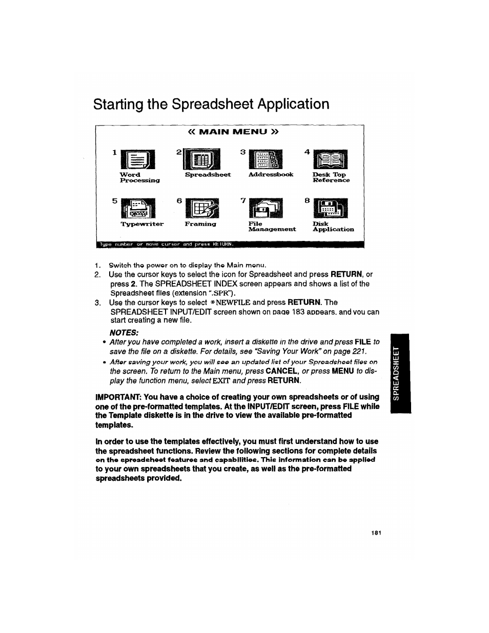 Starting the spreadsheet application | Brother WP330MDS User Manual | Page 191 / 322