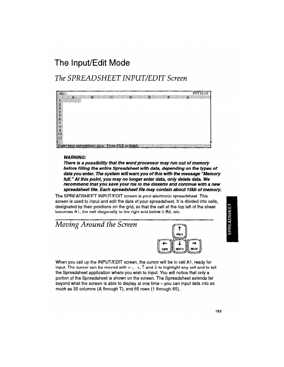 The input/edit mode, The spreadsheet input/edit screen, Warning | Moving around the screen | Brother WP330MDS User Manual | Page 193 / 322