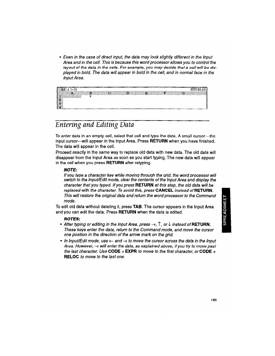 Entering and editing data, Note, Notes | Nsfeac/of | Brother WP330MDS User Manual | Page 195 / 322