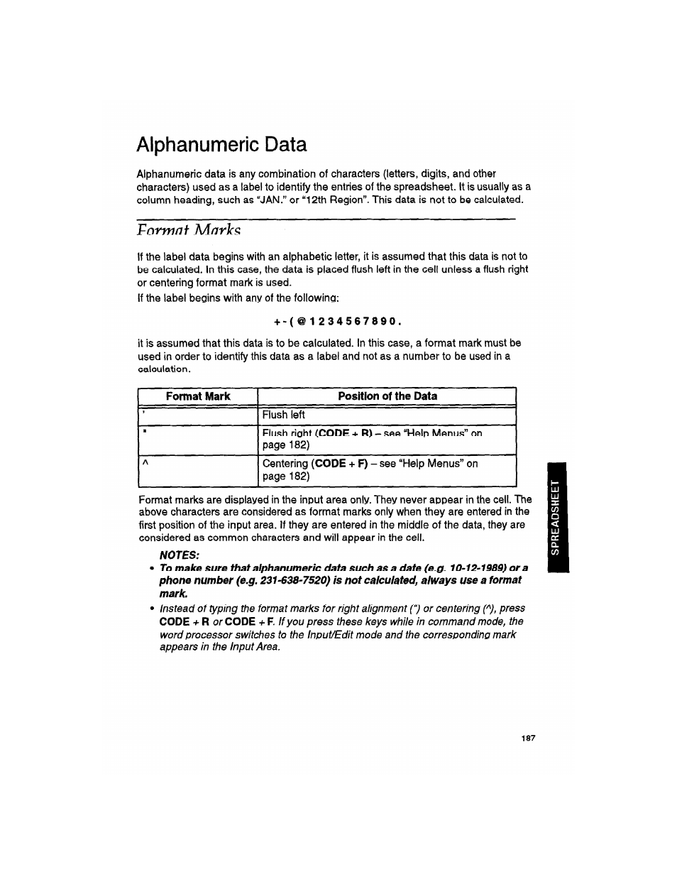 Alphanumeric data, Format marks, Notes | Brother WP330MDS User Manual | Page 197 / 322