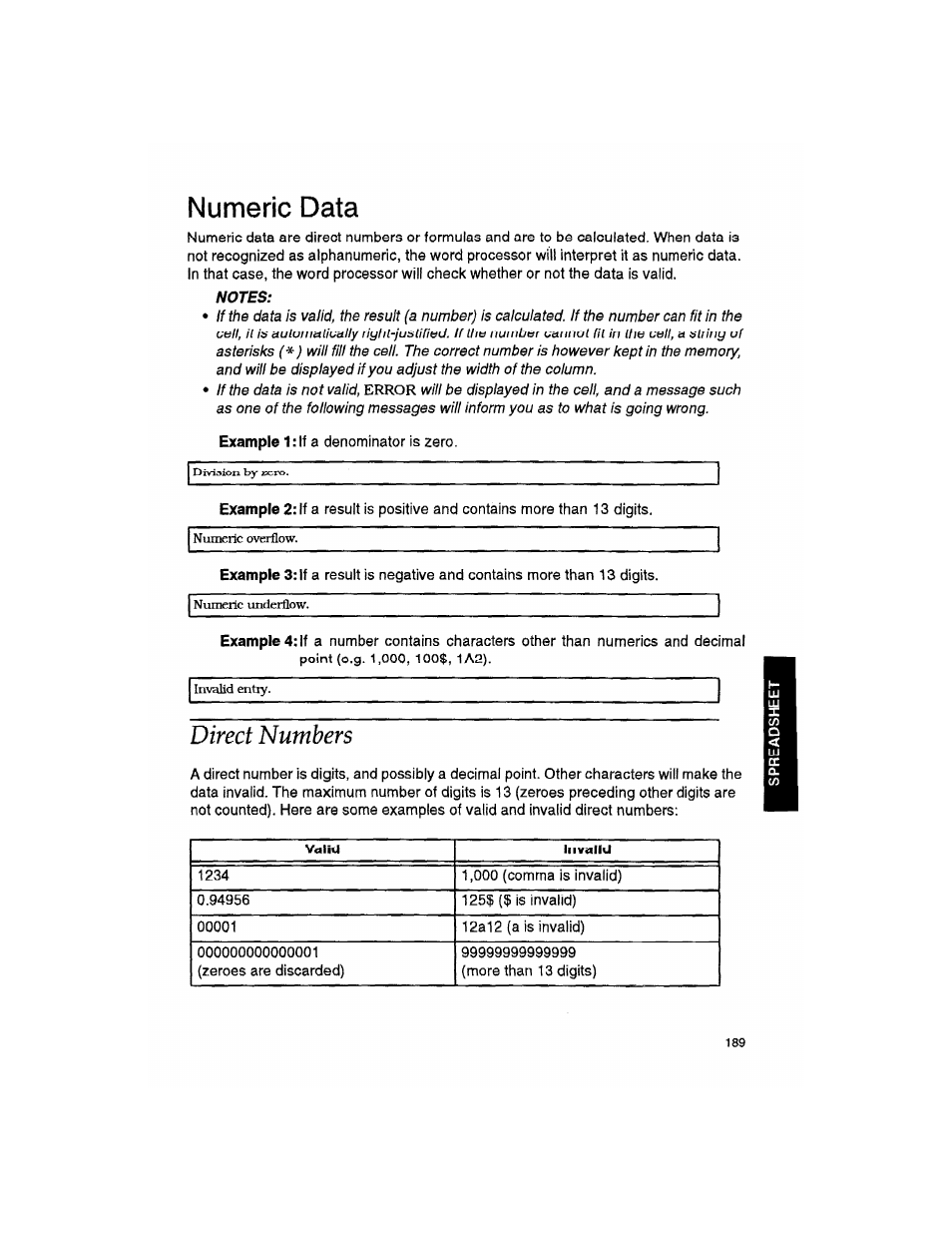 Numeric data, Notes, Direct numbers | Brother WP330MDS User Manual | Page 199 / 322