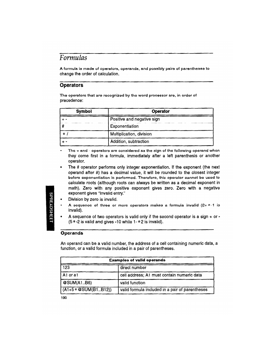 Formulas, Operators, Operands | Brother WP330MDS User Manual | Page 200 / 322