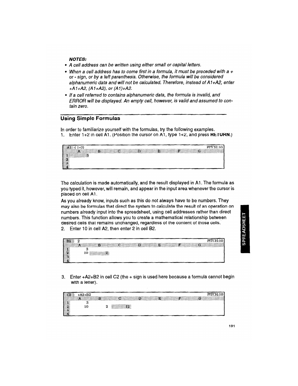 Notes, Using simple formulas, Mm a | Enter, Position the cursor on, Type, And press | Brother WP330MDS User Manual | Page 201 / 322