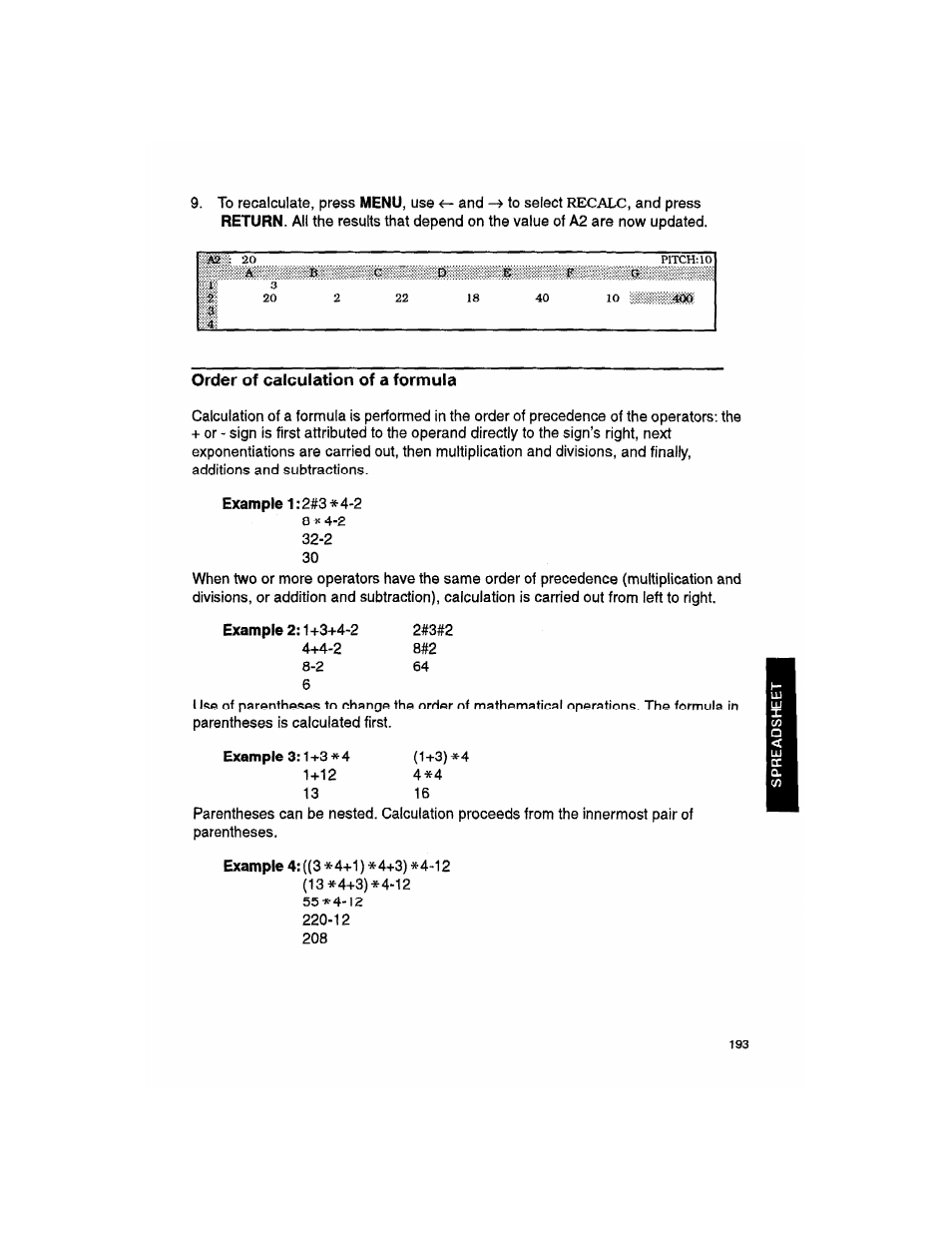 Order of calculation of a formula | Brother WP330MDS User Manual | Page 203 / 322