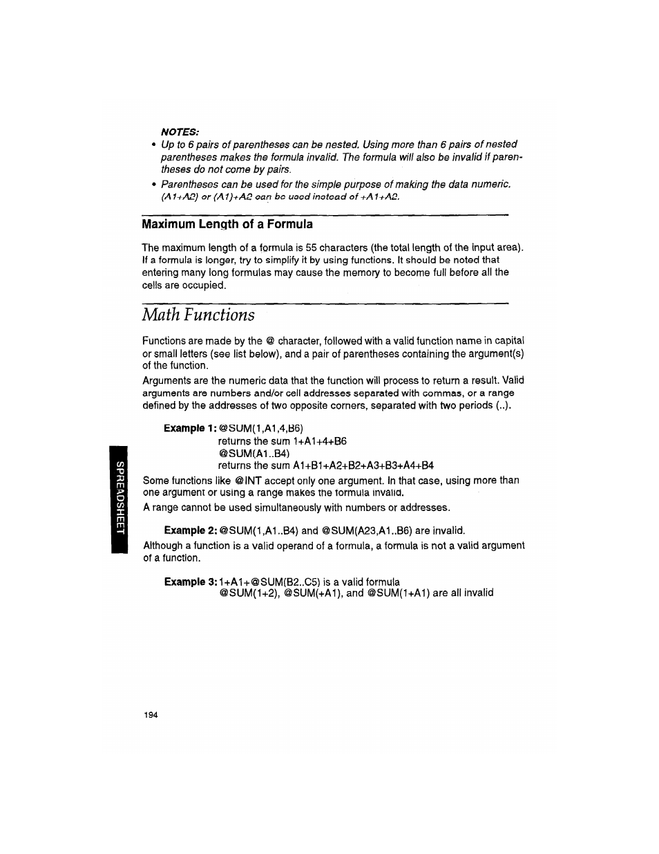 Maximum length of a formula, Math functions | Brother WP330MDS User Manual | Page 204 / 322